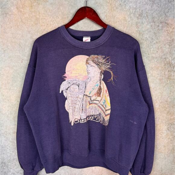 VTG 80s Native American Woman Graphic Sweatshirt Sz M Cherokee Navy Blue Faded - Picture 2 of 9